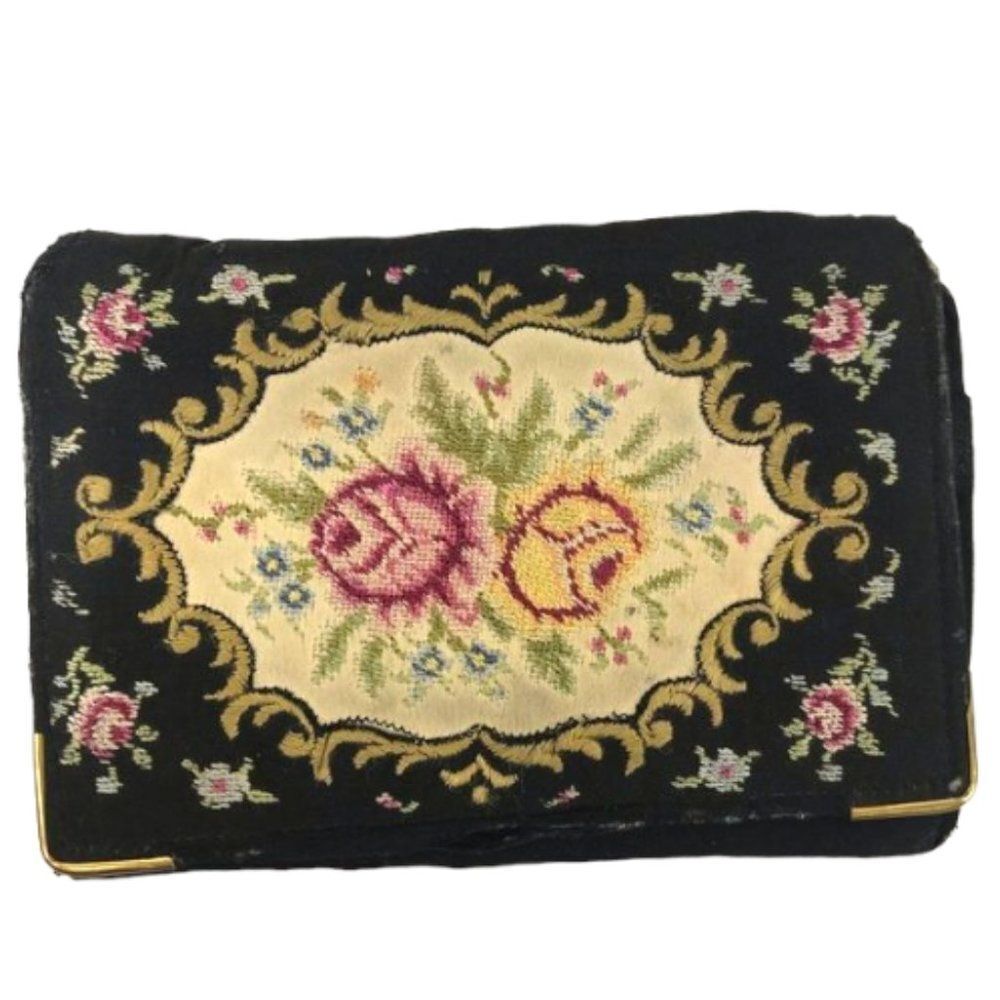 1930s Floral Petit Point Needlepoint Clutch Soft Fold Over Wallet Brass Corners